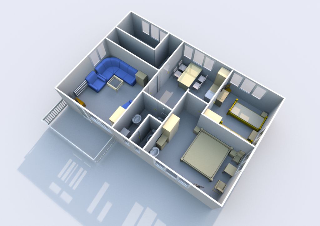 3D-Ansicht der Wohnung oben mit Blick auf die Osterdnen